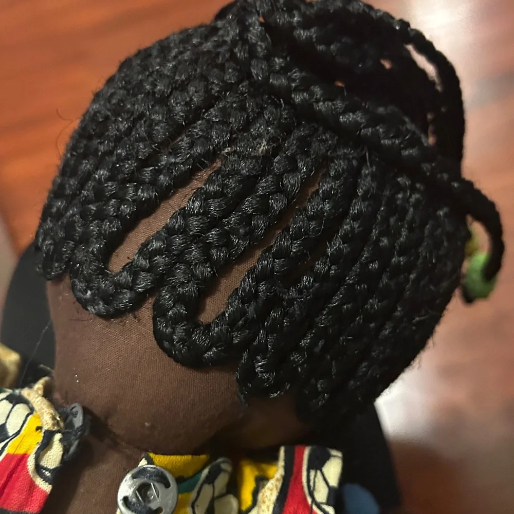Handmade African Black Rag Doll w/Braids & Beads wearing a Bob Marley Dress 13”
